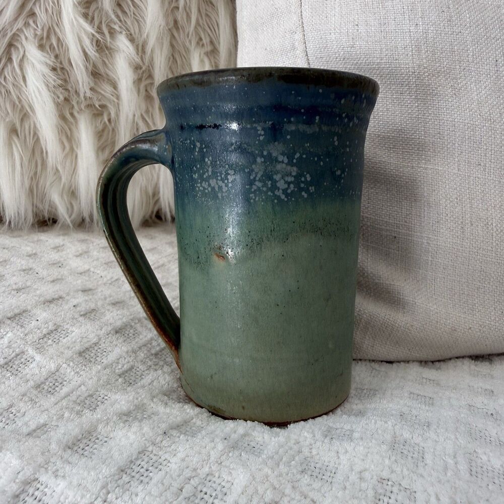 Pat Burke Pottery Coffee Mug Hand Thrown Green Blue Calm Sea Signed